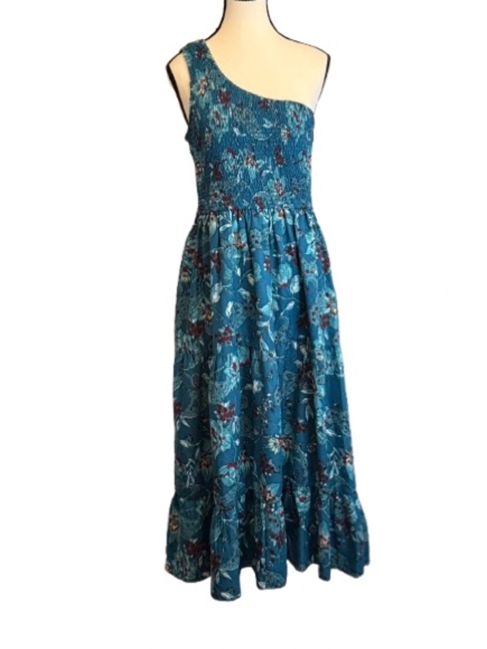 Band of the Free One Shoulder Floral Smocked Maxi Dress pockets Teal Size L Boho - Picture 2 of 7